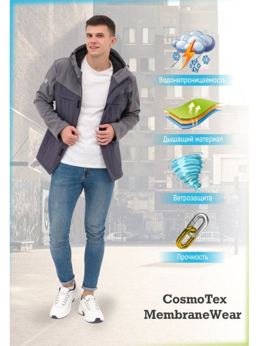 Куртка Софтшелл Комби мембрана флис серый CosmoTex