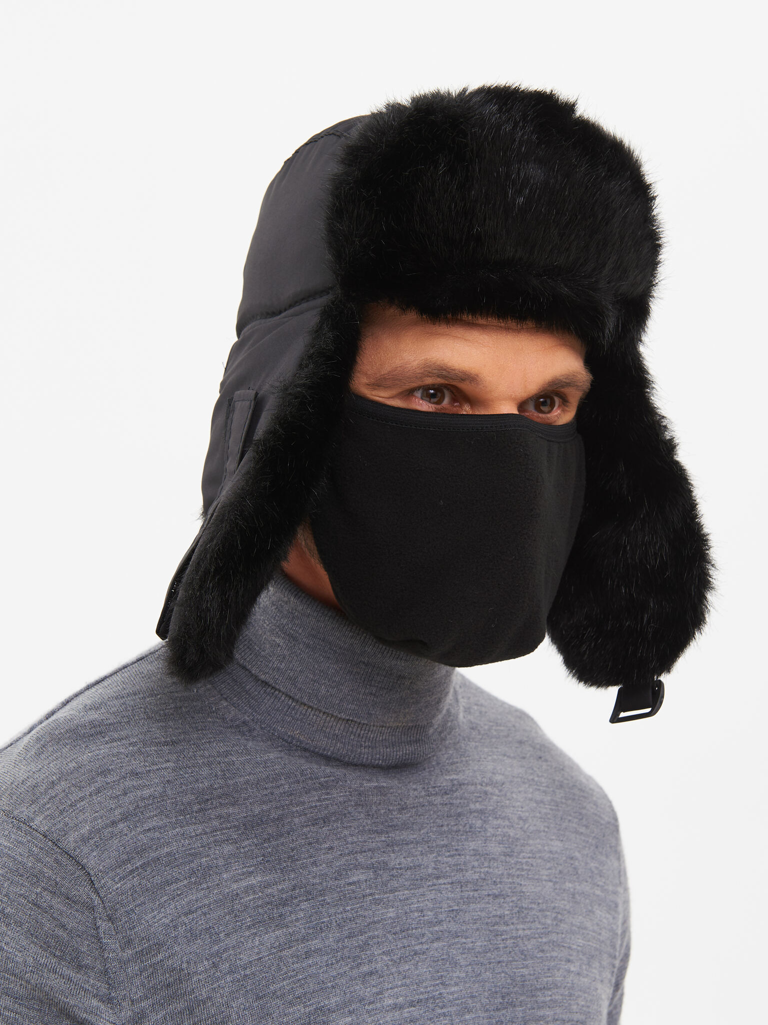 Шапка ушанка с маской Евро Норка Taslan чёрный