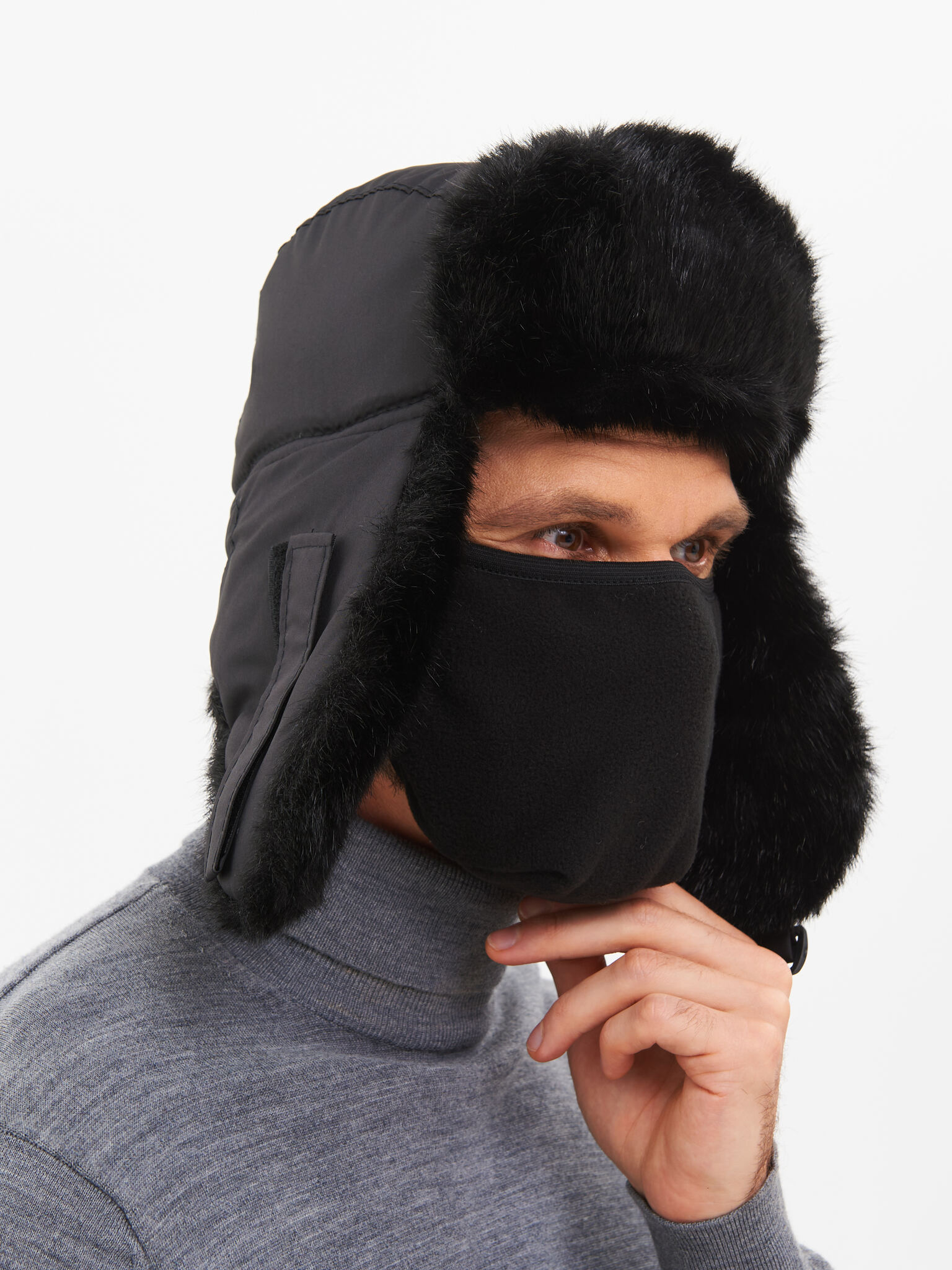 Шапка ушанка с маской Евро Норка Taslan чёрный