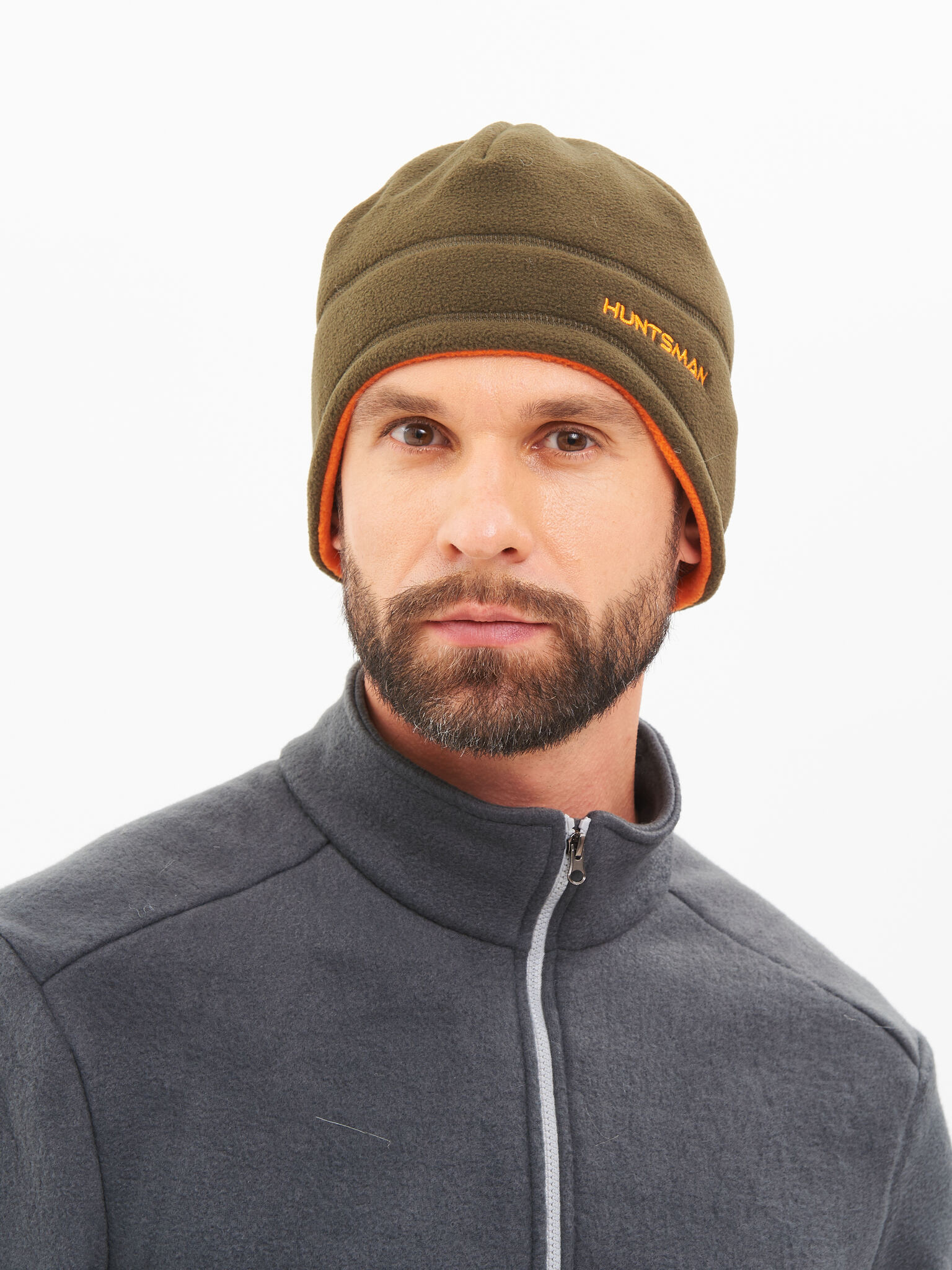 Шапка двухсторонняя цвет Хаки/Оранжевый ткань Флис