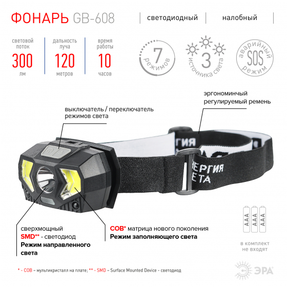 Фонарь ЭРА GB-608 налобный на батарейках, 3xAAA, 5Вт, 7 режимов, черный